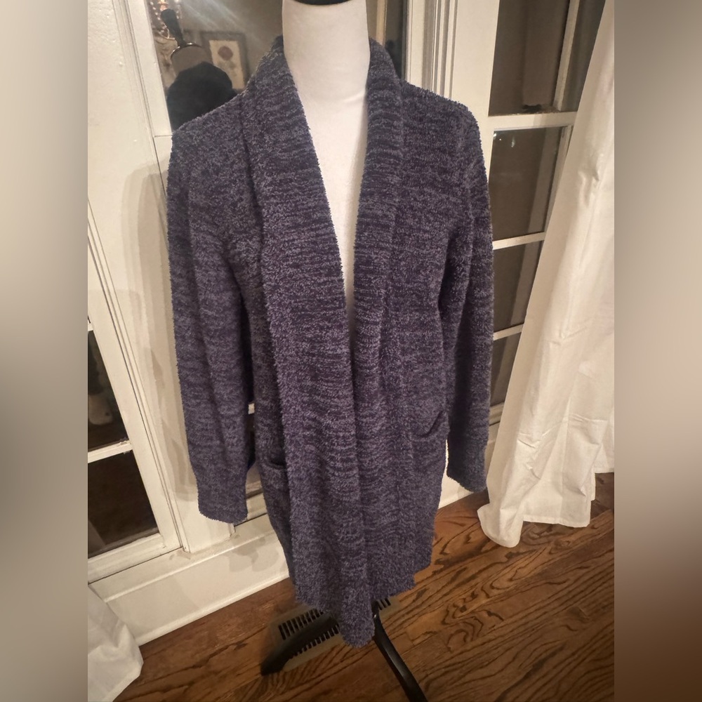 Barefoot Dreams CozyChic Cardigan Blue/Purple/Charcoal Heathered Pockets Plush M